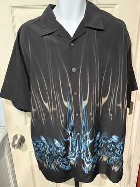 VTG Odo Skull Blue Flames Y2K Motorcycle Short-Sleeve Button-Up Shirt